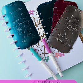 Making DIY Planner accessories is so much fun! Learn how to make foil embossed DIY planner dashboards using your Cricut Explore or Cricut Maker and a scoring stylus! This project includes 11 different options for your tabs. So easy to make. This project will kick your planner up a notch or two! #CricutMade #CricutHoliday #HappyPlanner #Planners #crafts #DIY
