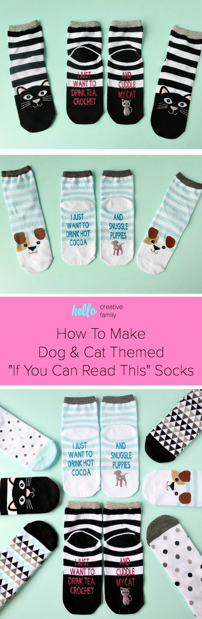 The perfect handmade gift idea for dog and cat lovers! These DIY dog and cat themed "If You Can Read This Socks" are easy to make using a Cricut Maker or Cricut Explore and turn out so cute! Change the wording using our free Cricut Cut File! This is an adorable stocking stuffer idea under $5.00! Perfect for Easter Basket Stuffers too! #cricutmaker #cricutmade #cricutproject #stockingstuffer