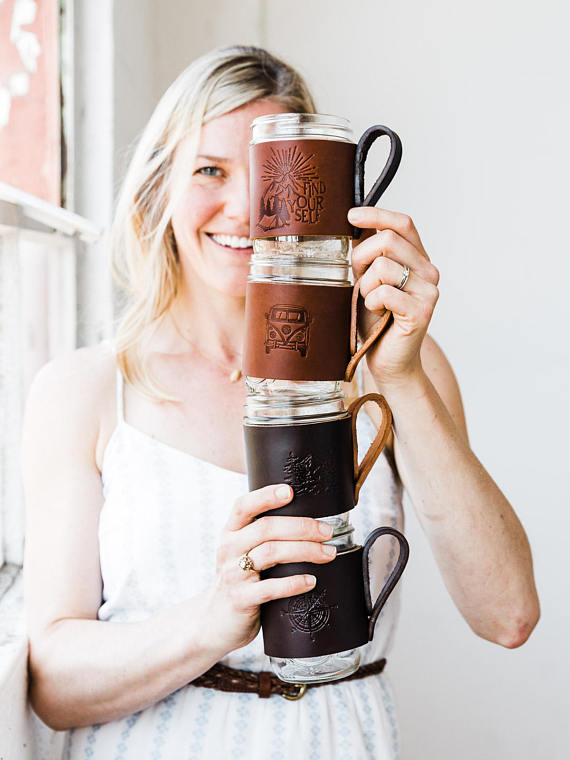 Handmade Holiday Gift Guide Gifts For Him: Leather Mason Jar Mug Hugger from Portland Leather Goods Fast