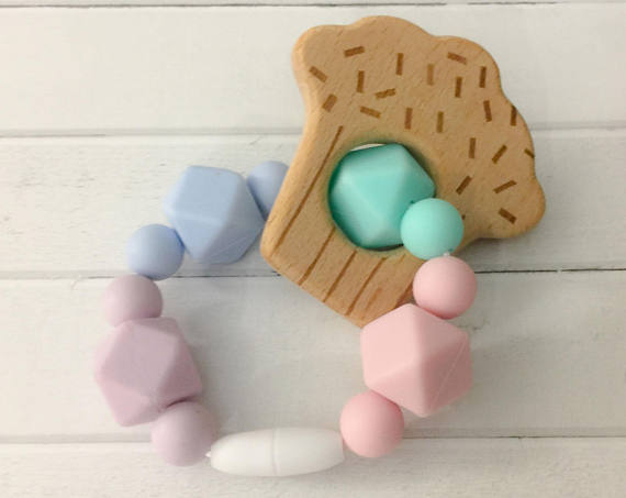 Handmade Holiday Gift Guide Gifts For Kids: Wooden Cupcake and Silicone Bead Teething Toy from Tesla Baby