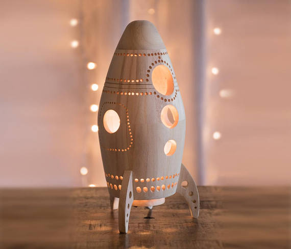 Handmade Holiday Gift Guide Gifts For Kids: Wooden Rocket Ship Night Light from Lighting By Sara