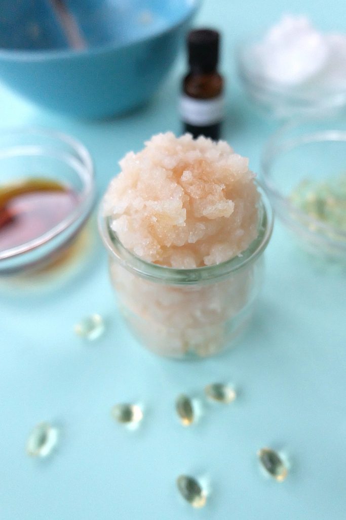 Exfoliate and moisturize your lips with our scrumptious DIY Vanilla Agave Sugar Lip Scrub! This recipe smells good enough to eat and the ingredients are so clean that you can! Easy to make in 5 minutes or less, this DIY recipe will become a beauty staple in your home that the whole family will love! Perfect for winter chapped lips! #DIY #DIYBodyProducts #Beauty #DIYBeauty