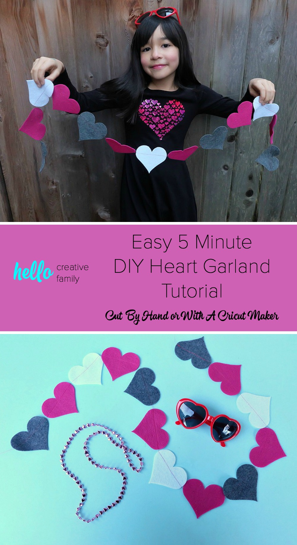 Decorate for Valentine's Day with this easy 5 minute Felt DIY Heart Garland! Customize this project with different colors of felt. So cute not only for decorating the home but also to decorate a classroom or to use as a photo prop! Cut your hearts by hand or with a Cricut Maker. A great first sewing project for kids! #Cricut #craft #ValentinesDay