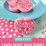 These Easy DIY Candy Heart Bath Bombs are scented like cotton candy and are just about as sweet as can be! They would make the best handmade gift idea for Valentine's Day, teacher's gifts, mother's day, birthday's, birthday party favors or shower favors! Fun and simple to make! Even kids can help with these heart shaped bath bombs! #bodyproducts #beauty #handmadegiftidea #DIY #Valentinesday #bathbombs #DIYBathBombs