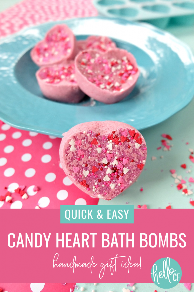 These Easy DIY Candy Heart Bath Bombs are scented like cotton candy and are just about as sweet as can be! They would make the best handmade gift idea for Valentine's Day, teacher's gifts, mother's day, birthday's, birthday party favors or shower favors! Fun and simple to make! Even kids can help with these heart shaped bath bombs! #bodyproducts #beauty #handmadegiftidea #DIY #Valentinesday #bathbombs #DIYBathBombs