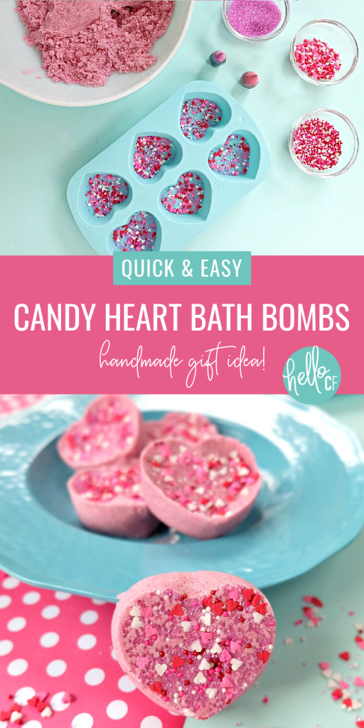 These Easy DIY Candy Heart Bath Bombs are scented like cotton candy and are just about as sweet as can be! They would make the best handmade gift idea for Valentine's Day, teacher's gifts, mother's day, birthday's, birthday party favors or shower favors! Fun and simple to make! Even kids can help with these heart shaped bath bombs! #bodyproducts #beauty #handmadegiftidea #DIY #Valentinesday #bathbombs #DIYBathBombs