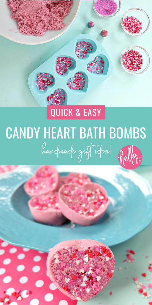 These Easy DIY Candy Heart Bath Bombs are scented like cotton candy and are just about as sweet as can be! They would make the best handmade gift idea for Valentine's Day, teacher's gifts, mother's day, birthday's, birthday party favors or shower favors! Fun and simple to make! Even kids can help with these heart shaped bath bombs! #bodyproducts #beauty #handmadegiftidea #DIY #Valentinesday #bathbombs #DIYBathBombs