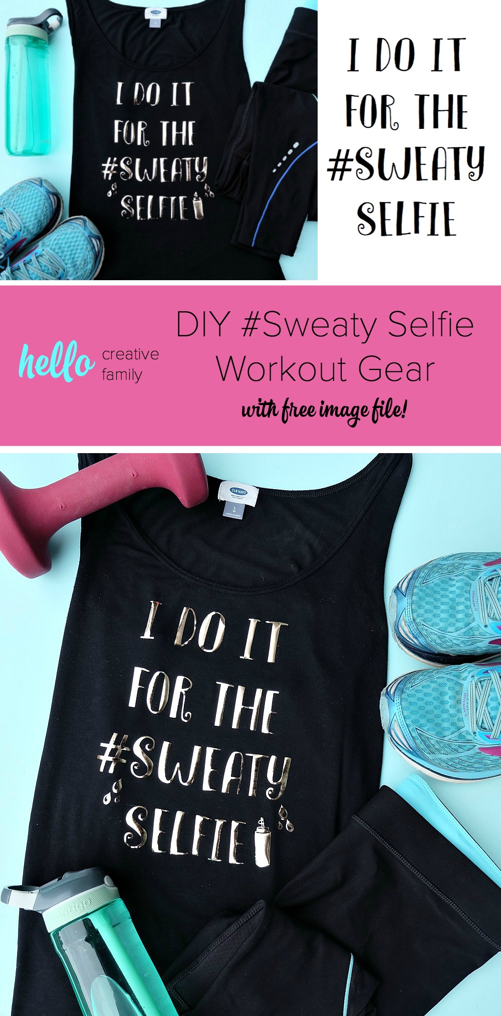Having cute workout gear makes it even more fun to workout! Create this adorable DIY Workout Shirt that says "I do it for the #SweatySelfie" to keep you motivated at the gym! This post has a free cut file along with a step by step tutorial with photos for making this easy project using your Cricut! #CricutMade #Fitness #FitnessGear #Crafts #CricutProject