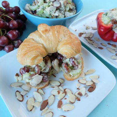 Your family is going to love this Napa Valley Turkey Salad Recipe! Whip up a big batch on meal planning days for easy lunches during the week. Creamy and slightly sweet with a great crunch from the almonds and celery this is a family favorite. Turkey salad sandwiches, wraps, and croissants are a few of our favorite ways to eat this recipe. For an extra healthy twist put your Napa Valley Turkey Salad in a bell pepper cup! #Recipe #lunch #mealplanning #sponsored