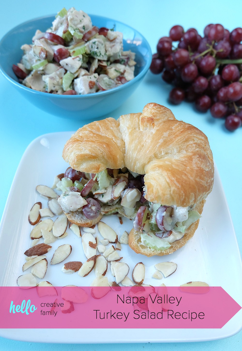 Your family is going to love this Napa Valley Turkey Salad Recipe! Whip up a big batch on meal planning days for easy lunches during the week. Creamy and slightly sweet with a great crunch from the almonds and celery this is a family favorite. Turkey salad sandwiches, wraps, and croissants are a few of our favorite ways to eat this recipe. For an extra healthy twist put your Napa Valley Turkey Salad in a bell pepper cup! #Recipe #lunch #mealplanning #sponsored 
