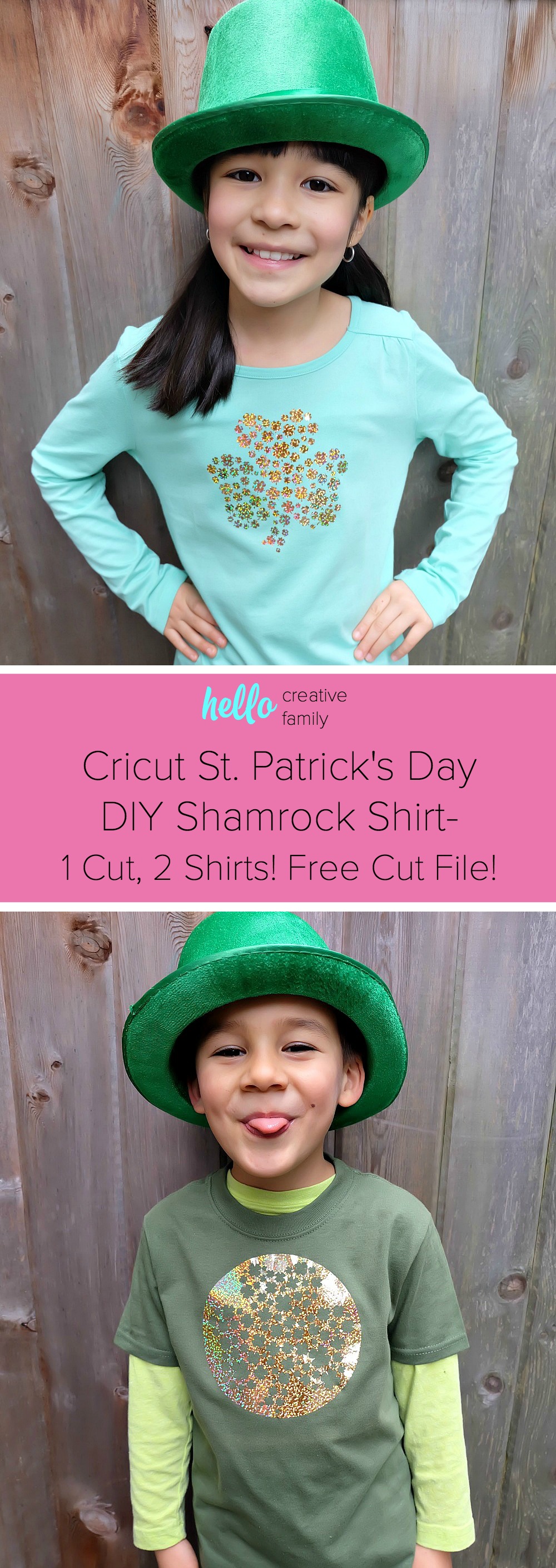 Celebrate St. Patrick's Day in style with this adorable DIY shamrock shirt! Make this project using your Cricut Maker or Cricut Explore. With this unique design one cut can make two shirts! Includes free cut file! A fun shirt for kids or adults! #cricutmade #cricutmaker #cricutholiday #KidsClothes