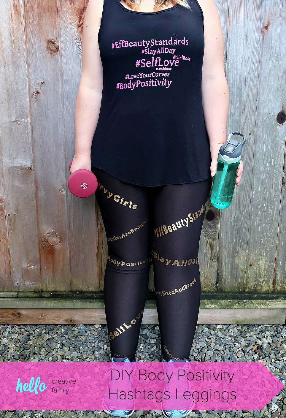 Embrace the curves, love your body, and encourage others to feel the self love with these awesome DIY Body Positive Hashtags Leggings. Perfect for plus sized fitness fashion, this easy project is fun and playful. Made using the Cricut Explore or Cricut Maker and ultra stretchy Cricut SportFlex Iron-On. Free cut file. #ad #CricutStrongBond #CricutMade #Cricut