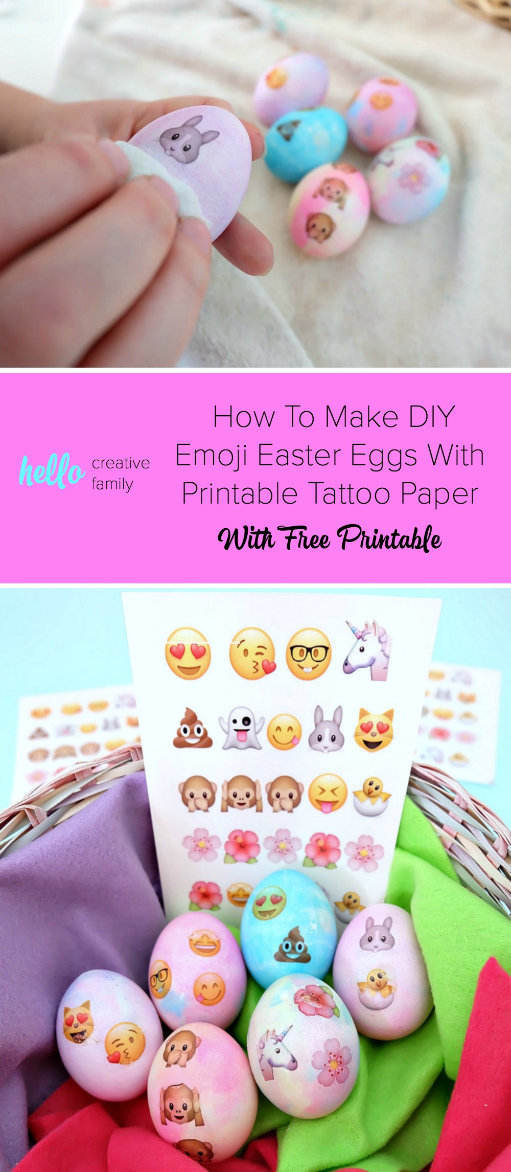 Hippity Hop! Easter is almost here and this fun project is perfect for the holiday! Make adorable DIY Emoji Easter Eggs with this fun tutorial that kids will love to craft! Shares instructions for dying the eggs with whipped cream and food coloring as well as applying the emojis with printable temporary tattoo paper! Includes the free printable too! #Easter #emojis #kidscrafts