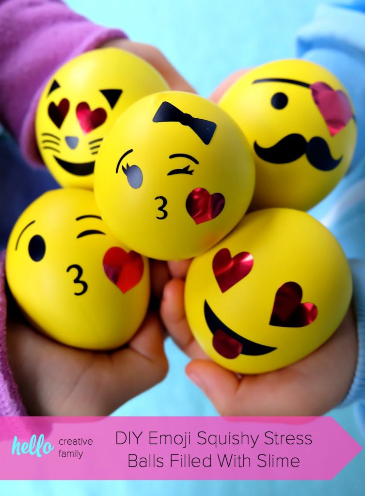These easy DIY Emoji Squishy Stress Balls Filled With Slime take all of your kids favorite things and puts it into one fun kids craft! Emojis? Check! Squishies? Check! Slime? Check!  Perfect for non-candy Easter Basket Stuffer ideas, Valentine's Day, Birthday Party Favors and more! Make using your Cricut or with balloons pre-printed with emojis or happy faces. #Crafts #PartyFavors #emojis #slime #Cricut