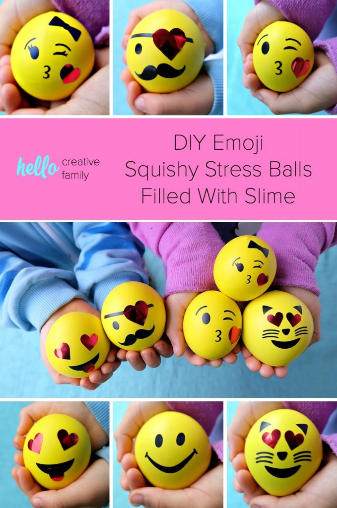 These easy DIY Emoji Squishy Stress Balls Filled With Slime take all of your kids favorite things and puts it into one fun kids craft! Emojis? Check! Squishies? Check! Slime? Check! Perfect for non-candy Easter Basket Stuffer ideas, Valentine's Day, Birthday Party Favors and more! Make using your Cricut or with balloons pre-printed with emojis or happy faces. #Crafts #PartyFavors #emojis #slime #Cricut