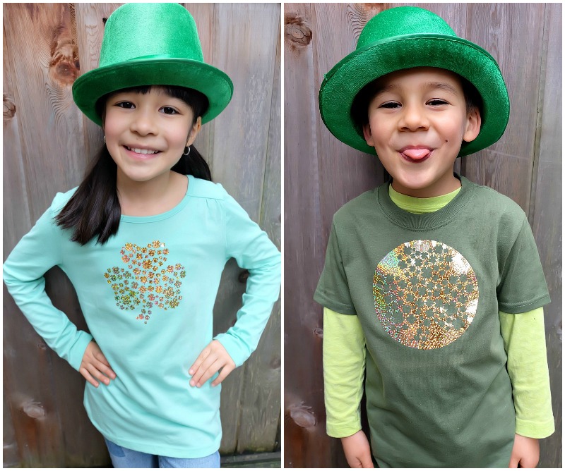 Celebrate St. Patrick's Day in style with this adorable DIY shamrock shirt! Make this project using your Cricut Maker or Cricut Explore. With this unique design one cut can make two shirts! Includes free cut file! A fun shirt for kids or adults! #cricutmade #cricutmaker #cricutholiday #KidsClothes
