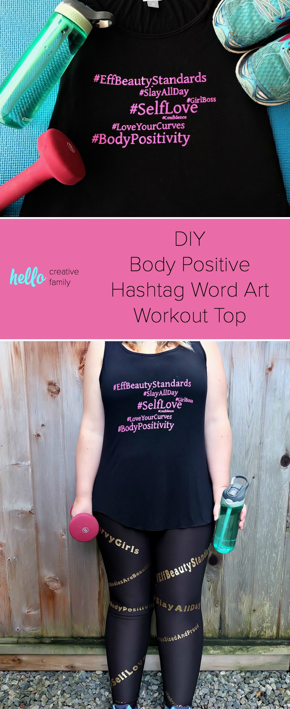 Embrace the curves, love your body, and encourage others to feel the self love with these awesome DIY Body Positive Hashtag Workout Top and Leggings. Perfect for plus sized fitness fashion, this easy project is fun and playful. Made using the Cricut Explore or Cricut Maker and ultra stretchy Cricut SportFlex Iron-On. Free cut files. #BodyPositive #fitness #PlusSizedFashion #CricutMade #Cricut