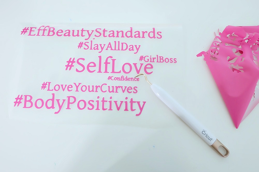 Embrace the curves, love your body, and encourage others to feel the self love with these awesome DIY Body Positive Hashtag Workout Top and Leggings. Perfect for plus sized fitness fashion, this easy project is fun and playful. Made using the Cricut Explore or Cricut Maker and ultra stretchy Cricut SportFlex Iron-On. Free cut files. #BodyPositive #fitness #PlusSizedFashion #CricutMade #Cricut