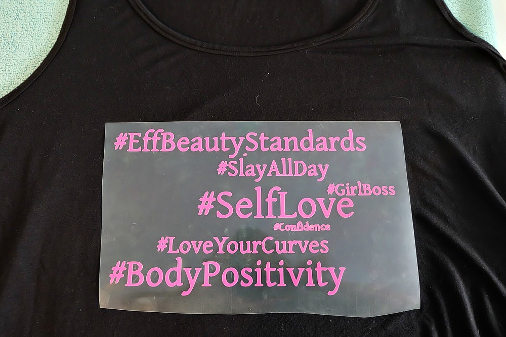 Embrace the curves, love your body, and encourage others to feel the self love with these awesome DIY Body Positive Hashtag Workout Top and Leggings. Perfect for plus sized fitness fashion, this easy project is fun and playful. Made using the Cricut Explore or Cricut Maker and ultra stretchy Cricut SportFlex Iron-On. Free cut files. #BodyPositive #fitness #PlusSizedFashion #CricutMade #Cricut