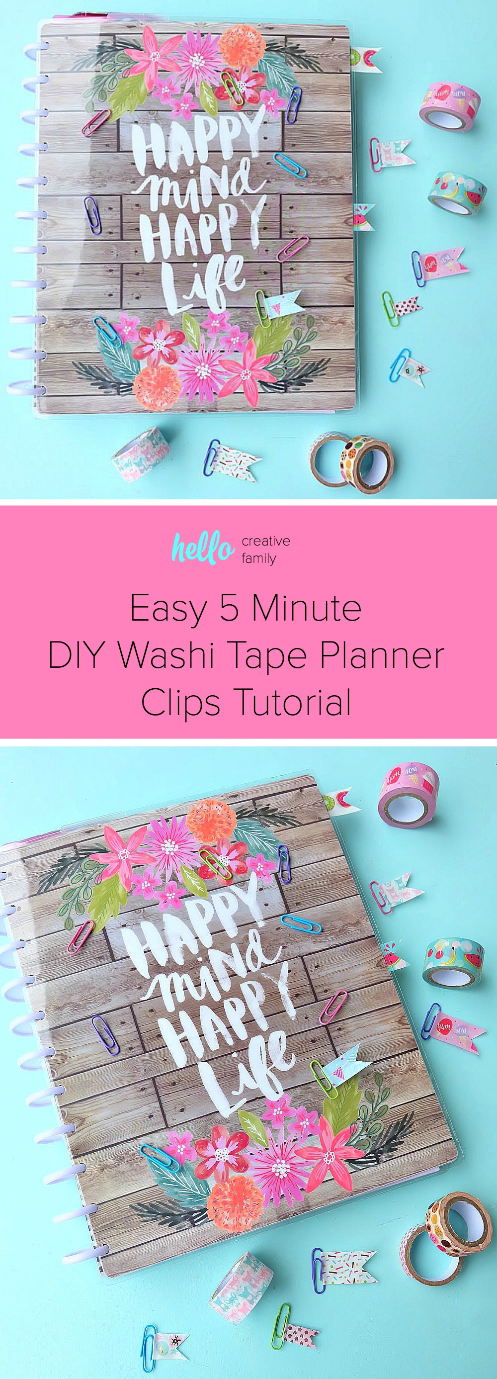 Planner addicts unite with this adorable and easy 5 minute DIY Washi Tape Planner Clips Tutorial. Turn paper clips and washi tape into adorable bookmarks to decorate your Happy Planner or bullet journal. You will love this fun DIY planner accessories craft project with simple step by step photos! #happyplanner #washitape #crafts #DIY