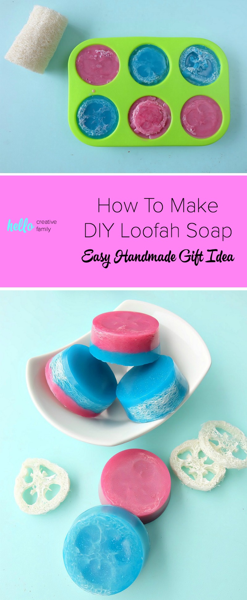 Soap making doesn't have to be complicated! In this post you'll learn how to make DIY Loofah Soap in minutes for an easy handmade gift idea! Combine the exfoliating power of natural loofah with the pampering properties of beautifully scented handmade soap! A fun and easy DIY body product! #naturalbeauty #beautyproducts #DIY #soapmaking