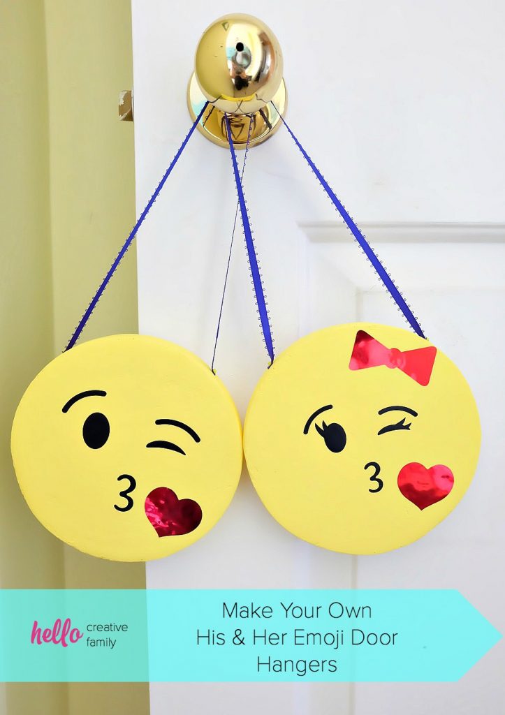 Know a kid that is obsessed with emojis? These his and her kissy face DIY emoji door hangers are SO CUTE! A fun and easy kids craft project that would also be perfect for an emoji birthday party! Pull out your Cricut and cut the faces for this fun project! #DIY #Craft #Emojis #Cricut #CricutMade