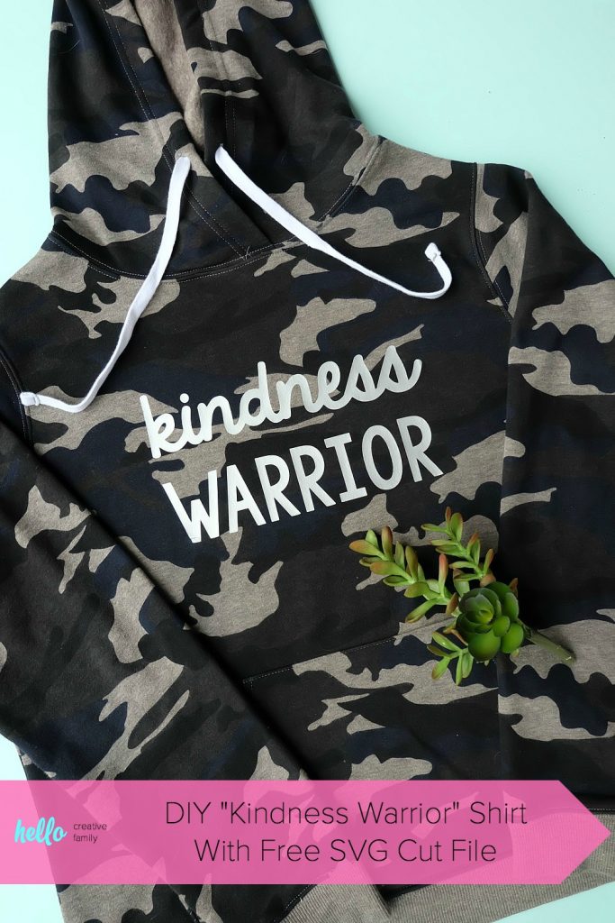 Spread kindness around the world! Let's create an army of kindness with this easy to make DIY Kindness Warrior Shirt. Includes step by step instructions on how to make this project using a Cricut, along with a free SVG cut file compatible with Cricut or Silhouette. The perfect hoodie for kids or adults to spread love instead of hate, discourage bullying and make the world a better place. #DIY #Cricut #Silhouette #SVG