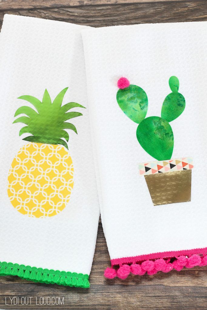 37+ Handmade Gift Ideas For Mom That She's Guaranteed To Love: DIY No Sew Pineapple and Cactus Kitchen Towels from Lydi Out Loud