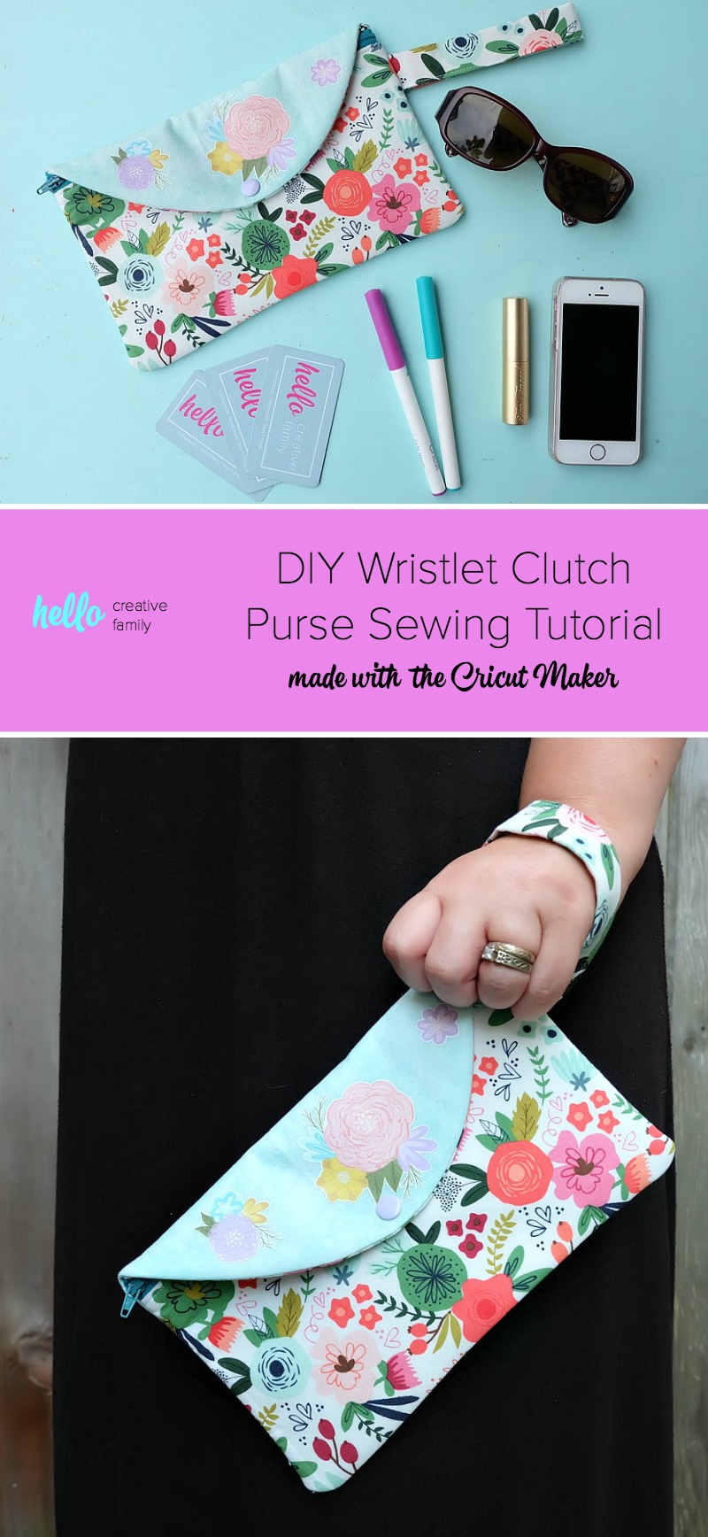 Learn how to sew an adorable DIY Wristlet Clutch Purse with this fabulous sewing tutorial with step by step photos and instructions! Every girl needs the perfect clutch, so why not make one! Fit all of your essentials into this DIY Wristlet Clutch Purse! Comes with a free cut file for making this craft project on the Cricut Maker. Make extras for handmade gift ideas for the women in your life! #Cricut #CricutMade #sewing #crafts