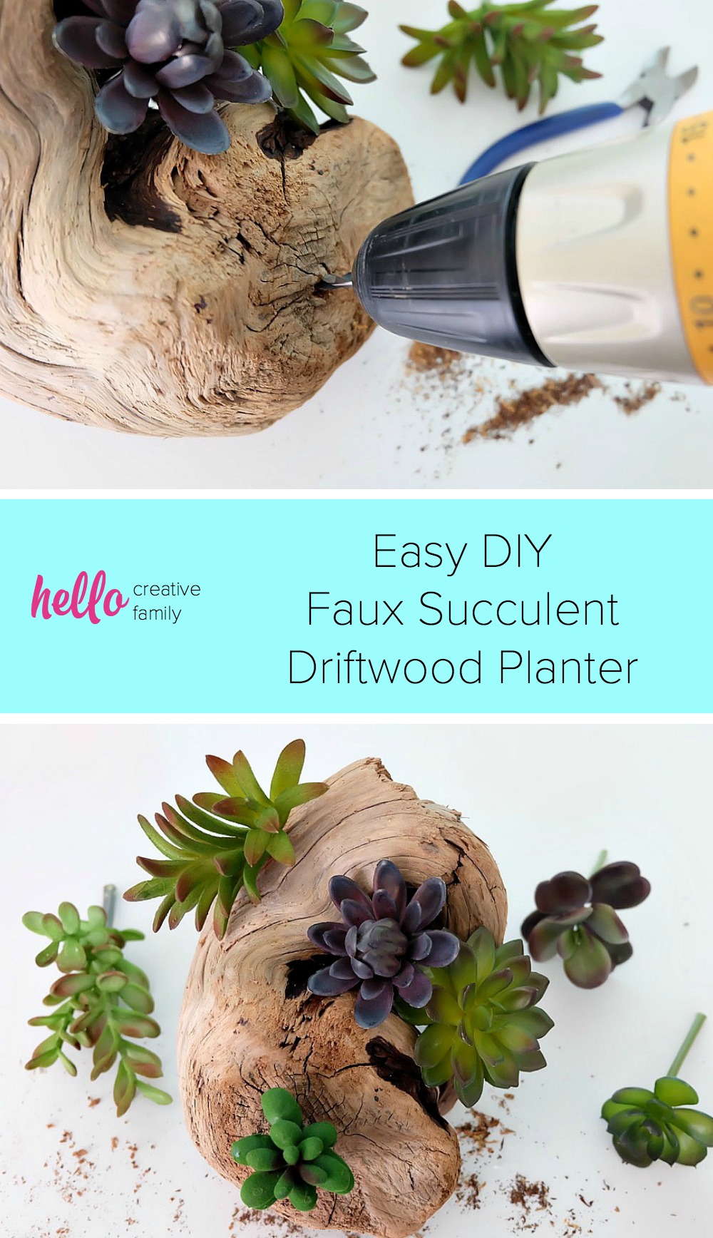 The perfect DIY for for decorating a beach cottage, as ocean themed wedding centerpieces or for a bit of pretty greenery in your home! Collect treasures while beach combing then make this pretty and easy DIY faux succulent driftwood planter. Perfect for those with a black thumb! #DIY #Beach #Succulents