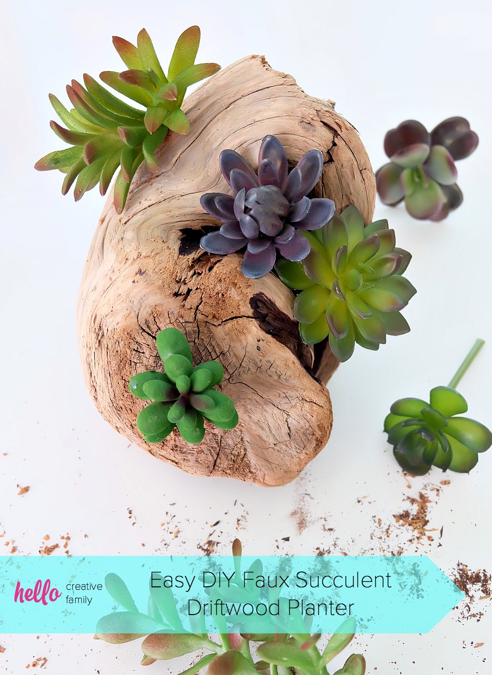 Create a beautiful DIY Faux Succulent Driftwood Planter with this easy step by step tutorial. Perfect for decorating a beach cottage, for centerpieces for an ocean themed wedding or party, or for a bit of pretty greenery in your home using driftwood you collected while beach combing. #DIY #Beach #Succulents 