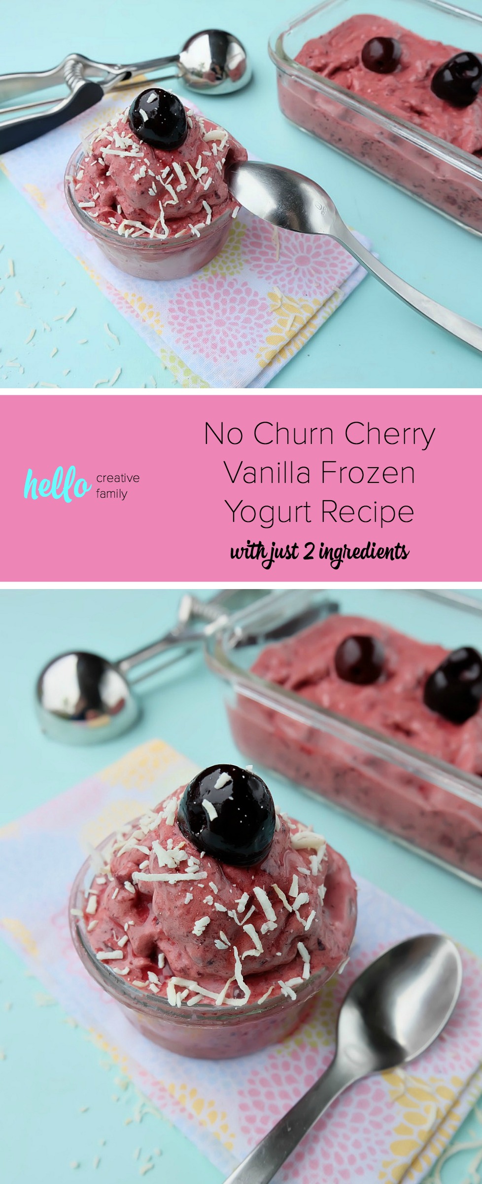 The perfect guilt free frozen summer treat! This no churn healthy cherry vanilla frozen yogurt recipe is easy to make and oh so delicious and sure to become a family friendly favorite. This recipe can be made in 60 seconds or less with two simple ingredients. #dessert #recipe #icecream #healthyrecipe