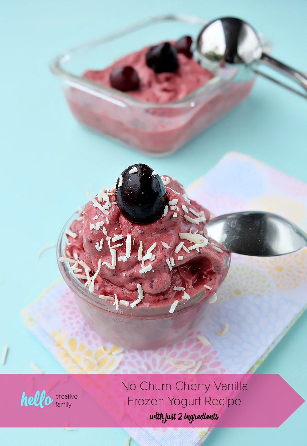 Easy to make and oh so delicious, this no churn healthy cherry vanilla frozen yogurt recipe is a family friendly favorite. This recipe can be made in 60 seconds or less with two simple ingredients. The perfect guilt free frozen summer treat! #dessert #recipe #icecream #healthyrecipe