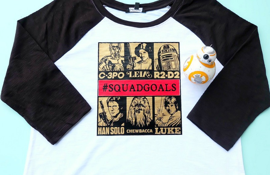 Star Wars fans will flip for this DIY Star Wars Squad Goals shirt design made on the Cricut Maker or Cricut Explore. Let the world know you are down with C-3PO, Princess Leia, R2-D2, Han Solo, Chewbacca and Luke Skywalker! Makes a fantastic handmade gift for Star Wars Fanatics! #CricutMade #CricutStarWars #Cricut #StarWars #MayTheForthBeWithYou
