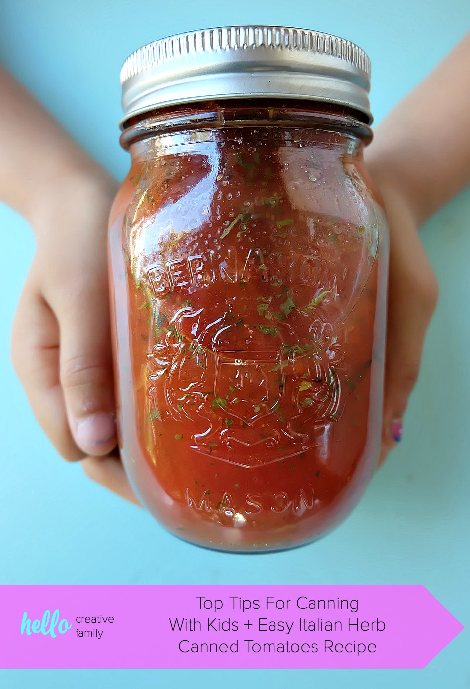 Get canning with your family this summer! We're sharing our top tiGet canning with your family this summer! We're sharing our top tips for canning with kids along with step by step photos and instructions for how to make our Easy Italian Herb Canned Tomatoes Recipe! We take all the intimidation out of canning so you can pass this handmade art along to your kids! #Canning #Recipe #Tomatoes #KidsCooking #Sponsored