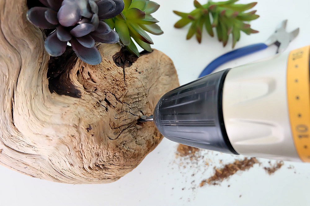 Create a beautiful DIY Faux Succulent Driftwood Planter with this easy step by step tutorial. Perfect for decorating a beach cottage, for centerpieces for an ocean themed wedding or party, or for a bit of pretty greenery in your home using driftwood you collected while beach combing. #DIY #Beach #Succulents 