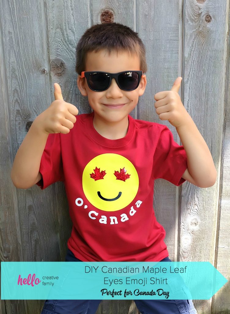 Celebrate your Canadian Patriotism and your love for emojis with one super cute shirt! This DIY Canada Emoji Shirt has maple leafs for the eyes and is perfect for Canada Day. Includes easy step by step instructions and photos along with the cut file. Perfect for making with your Cricut Explore Air or your Cricut Maker. Get crafting! #CricutMade #emojis #Cricut #CanadaDay #DIY