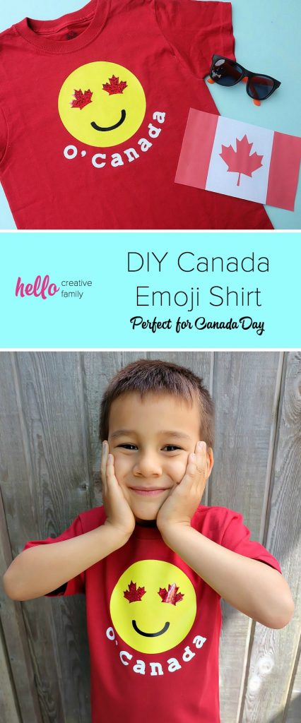 Celebrate Canada Day and your Canadian Patriotism with a super cute shirt! This DIY Canada Emoji Shirt has maple leafs for the eyes and is perfect for emoji loving kids. Includes step by step instructions and photos along with the cut file. Perfect for making with your Cricut Explore Air or your Cricut Maker. Get crafting! #CricutMade #emojis #Cricut #CanadaDay #DIY