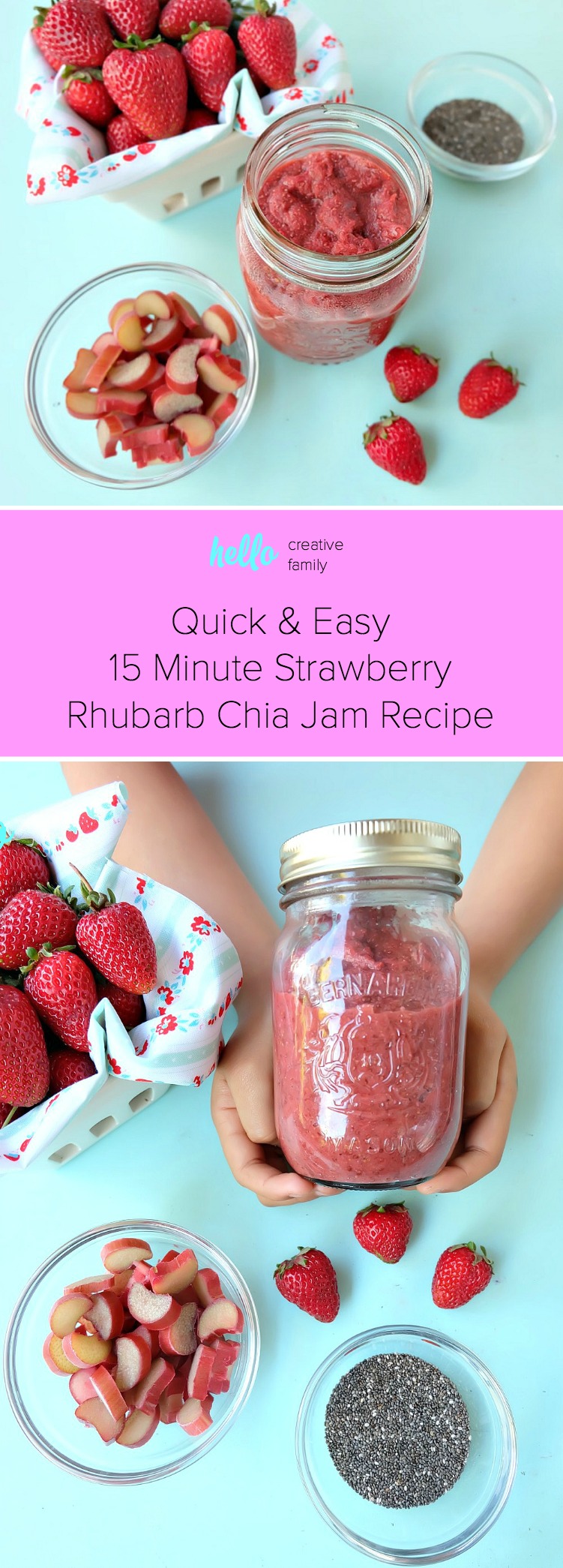 All the flavors of summer in one easy jam! This 15 minute strawberry rhubarb chia jam recipe takes two of my favorite flavors of summer and turns it into one healthy recipe! If you have never made jam before this is the recipe to start with. It uses chia seeds to thicken the jam instead of pectin. Family friendly, get the kids involved in the kitchen helping to make this delicious treat. Perfect for on bread, mixed with greek yogurt or as an ice cream topper! #Jam #chia #strawberry #rhubarb #recipe