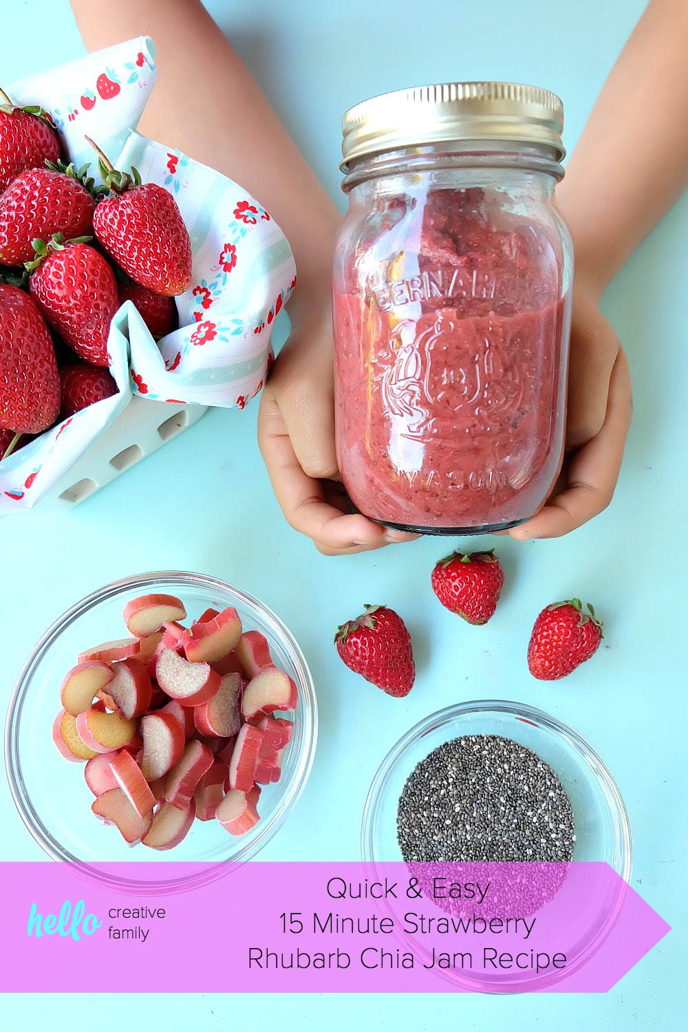 This quick and easy strawberry rhubarb chia jam takes two of my favorite flavors of summer and turns it into one healthy recipe! If you have never made jam before this is the recipe to start with. It uses chia seeds to thicken the jam and takes only 15 minutes start to finish to make! Family friendly, get the kids involved in the kitchen helping to make this delicious treat. Perfect for on bread, mixed with greek yogurt or as an ice cream topper! #Jam #chia #strawberry #rhubarb #recipe