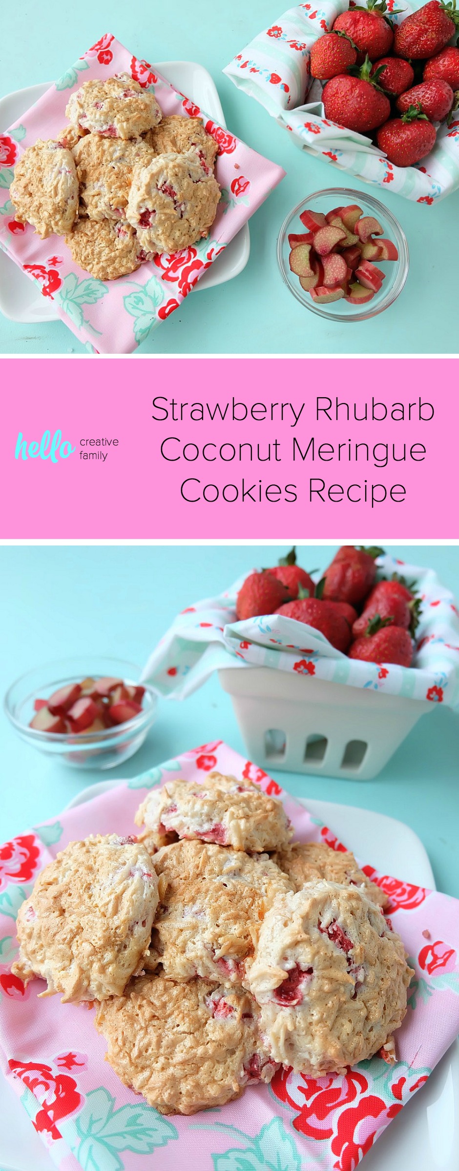 Strawberries, rhubarb, coconut and frothy egg whites come together in one delicious dessert in this Strawberry Rhubarb Coconut Meringue Cookie Recipe. These pretty cookies are perfect for a summer tea party and are simple to make. Sure to become a family favorite! #cookies #recipe #strawberry #rhubarb #strawberryrhubarb