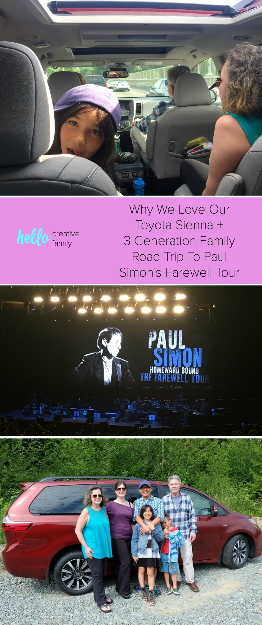 Hello Creative Family takes a road trip with three generations of their family to see the Paul Simon Concert in a 2018 Toyota Sienna. They share the experience plus a vehicle review of why the Toyota Sienna is the only vehicle the checks all the boxes for their family! #minivanmom #toyotasienna #minivan #vehiclereview #sponsored
