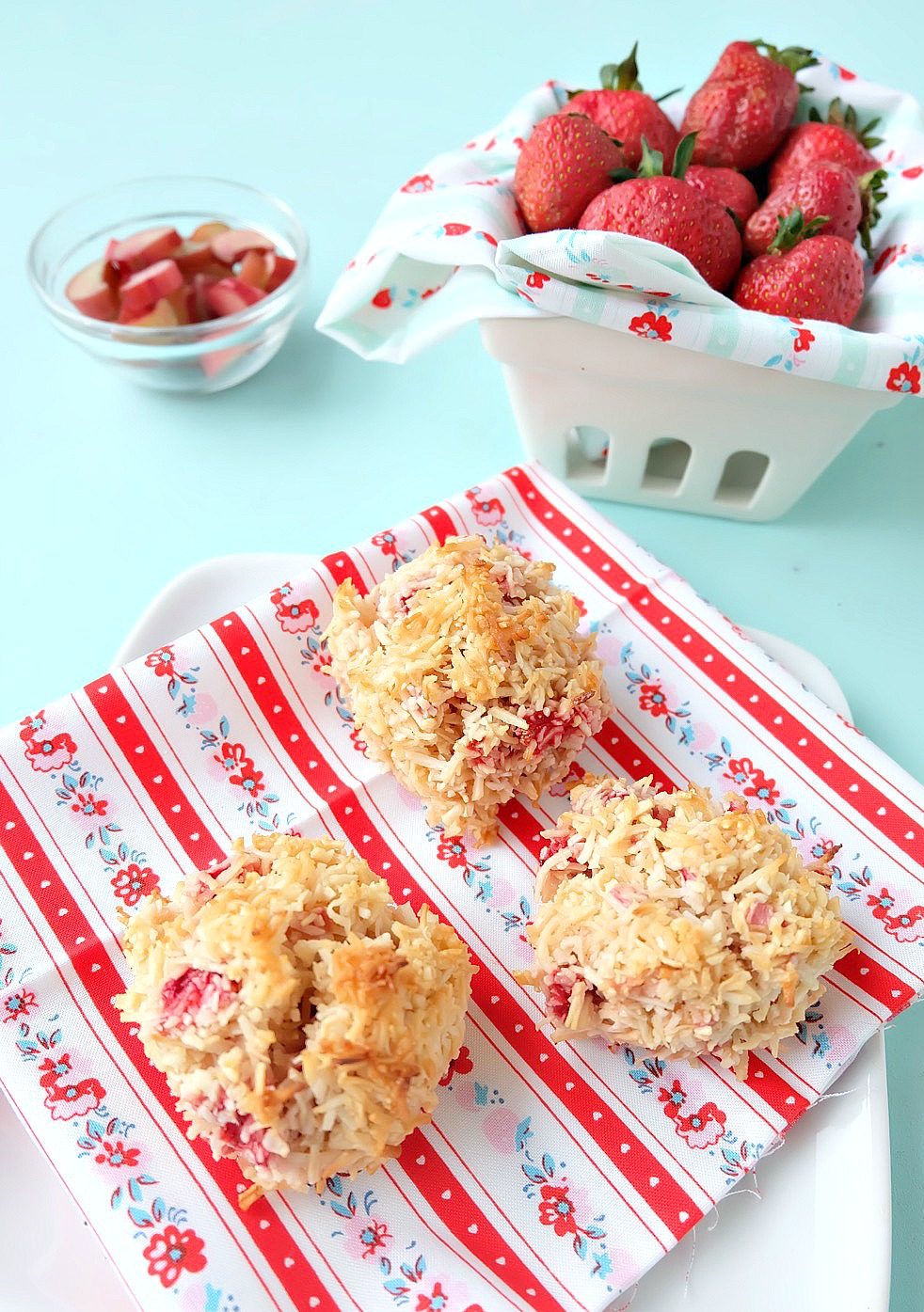 Strawberries and rhubarb come together in this delicious, easy to prepare, summer dessert idea! This Strawberry Rhubarb Coconut Macaroon Recipe is simple to make and is a perfect kids cooking recipe! Makes a great freezer dessert too, freeze extras and have cookies for months! #Baking #StrawberryRhubarb #Coconut #Macaroon #Dessert
