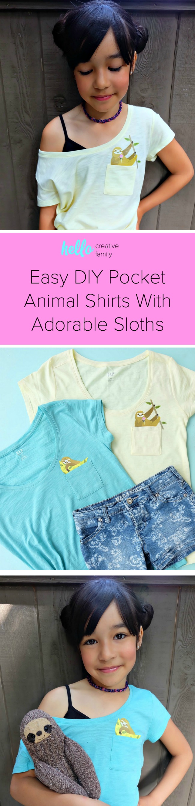 Super cute and easy to make, these DIY pocket animal shirts have an adorable sloth peeking out of the pocket! This craft project takes less than 5 minutes to make and is a great handmade gift! Perfect for back to school fashion, pocket shirts are the latest kids fashion trend! #DIY #Craft #KidsClothing #CricutMade