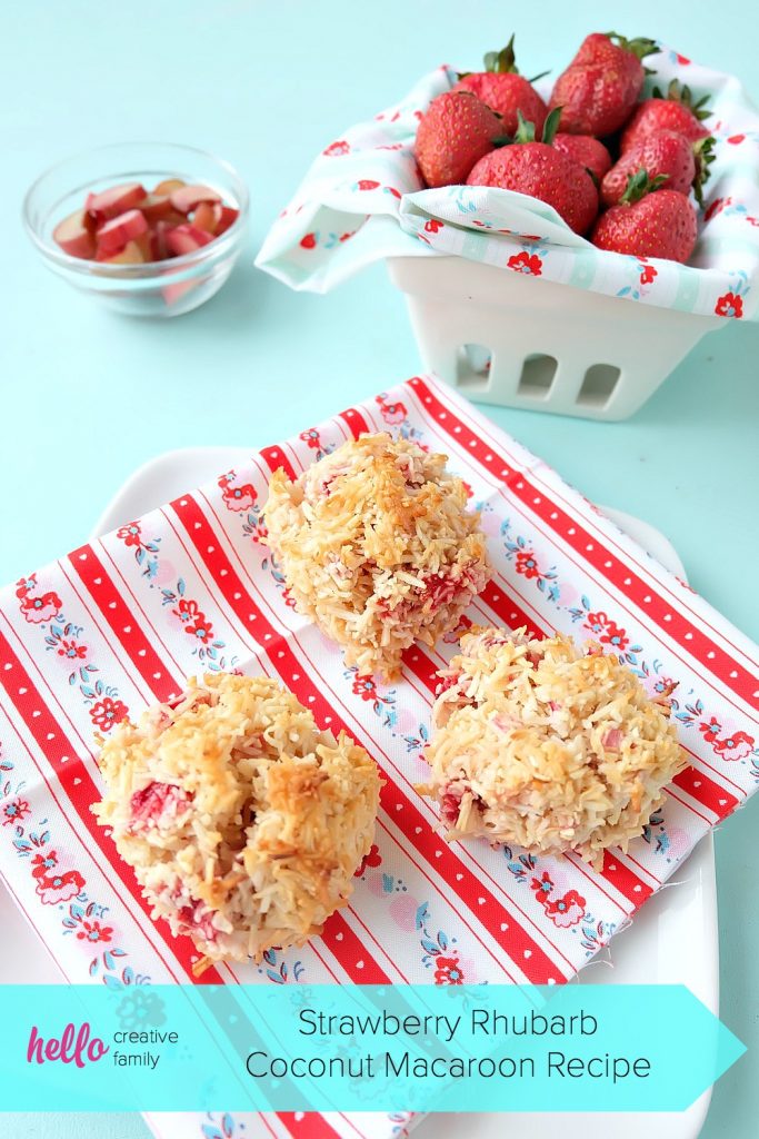 The perfect summer dessert idea! Fresh strawberries and rhubarb come together combined with the tropical flavor of coconut in this delicious, easy to prepare dessert idea! This Strawberry Rhubarb Coconut Macaroon Recipe is simple to make and is a perfect for kids baking! Makes a great freezer dessert too, freeze extras and have cookies for months! #Baking #StrawberryRhubarb #Coconut #Macaroon #Dessert