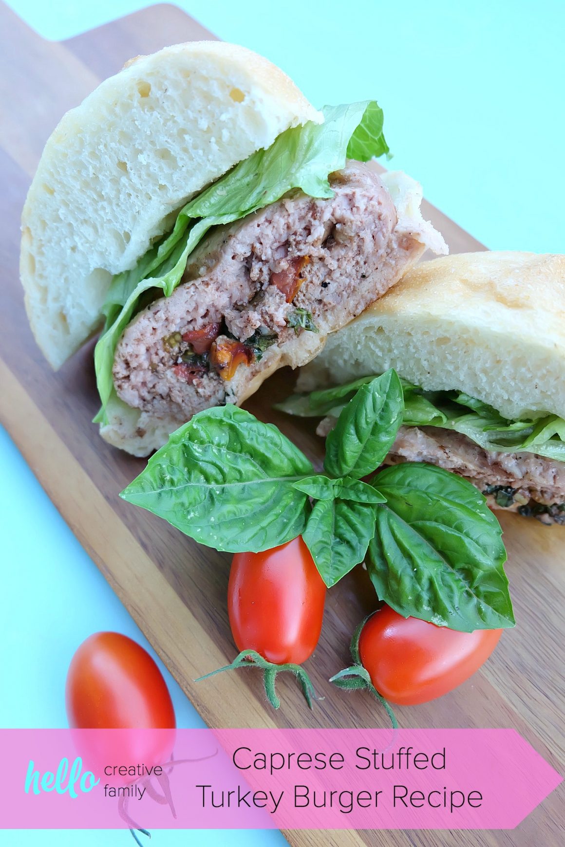 This Caprese Stuffed Turkey Burger Recipe is filled with all of the flavors of summer. Juicy, flavorful and a healthy burger too! You'll feel good about feeding this easy 30 minute meal to your family! #Turkey #Burger #StuffedBurger #Recipe #Sponsored