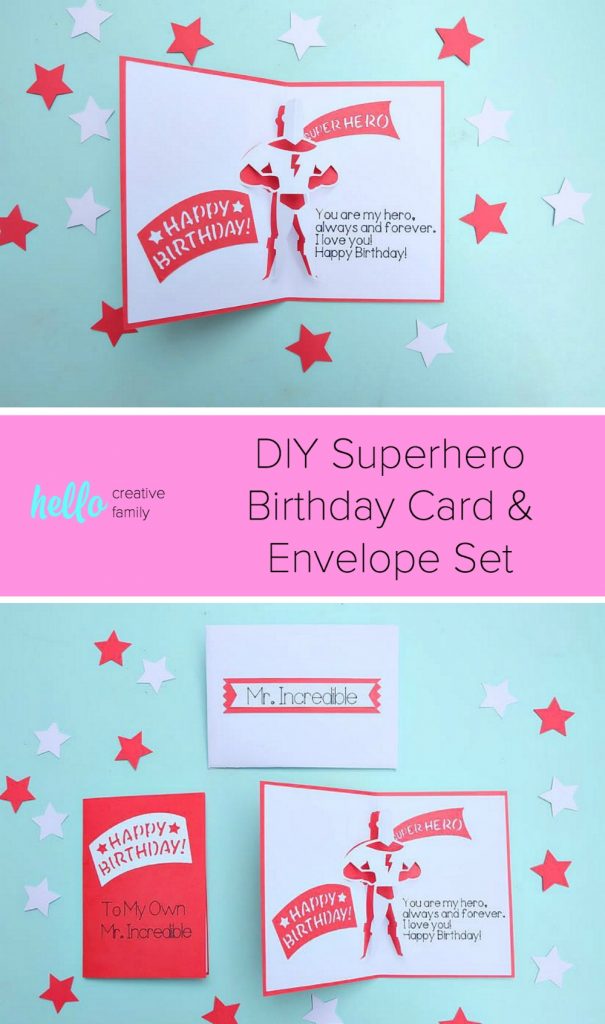 DIY Superhero Birthday Card and Envelope Set made using the Cricut. 