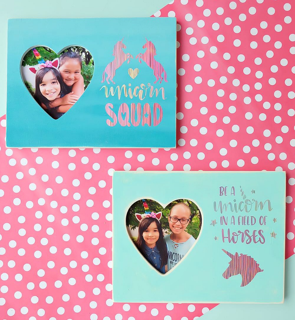 Throwing a unicorn themed birthday party? These DIY Unicorn Picture Frames double as a birthday party craft and a party favor idea! Do a photo shoot with the birthday child with each of their friends to put inside. An easy and inexpensive idea! #BirthdayParty #cricut #Unicorns #DIY