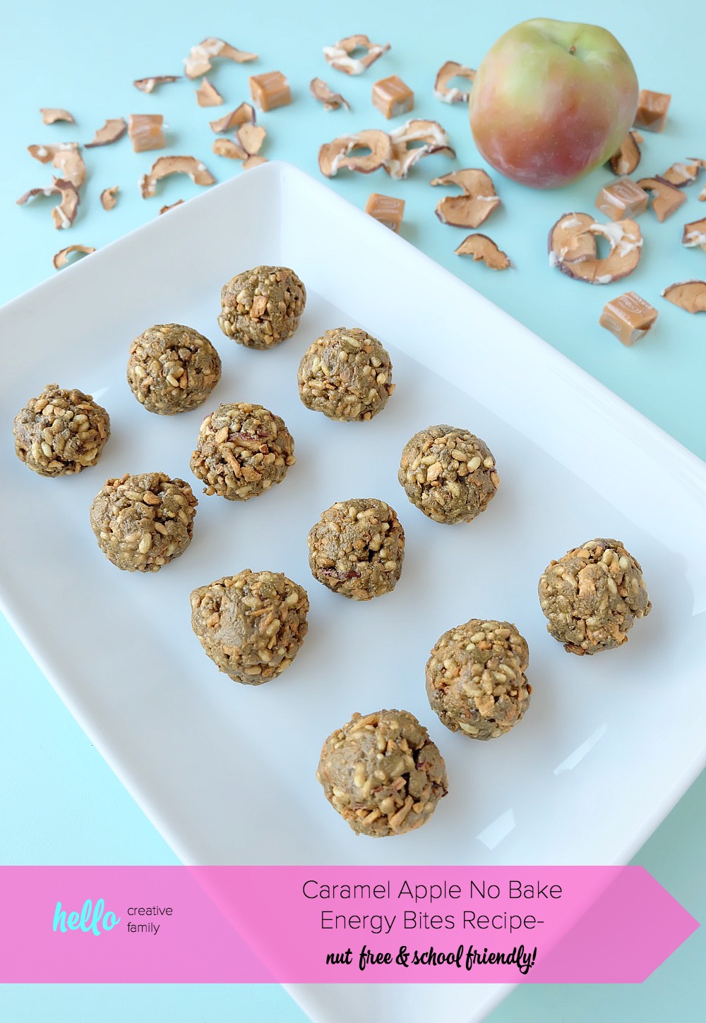 The perfect 5 minute prep snack idea! This caramel apple no bake energy bites recipe is delicious, nutritious and perfect for school lunches. Packed with protein these nut free bliss balls are a family friendly snack idea. Get the kids to help make this easy snack recipe! #Recipe #Apples #AppleRecipe #SnackIdea #Sponsored