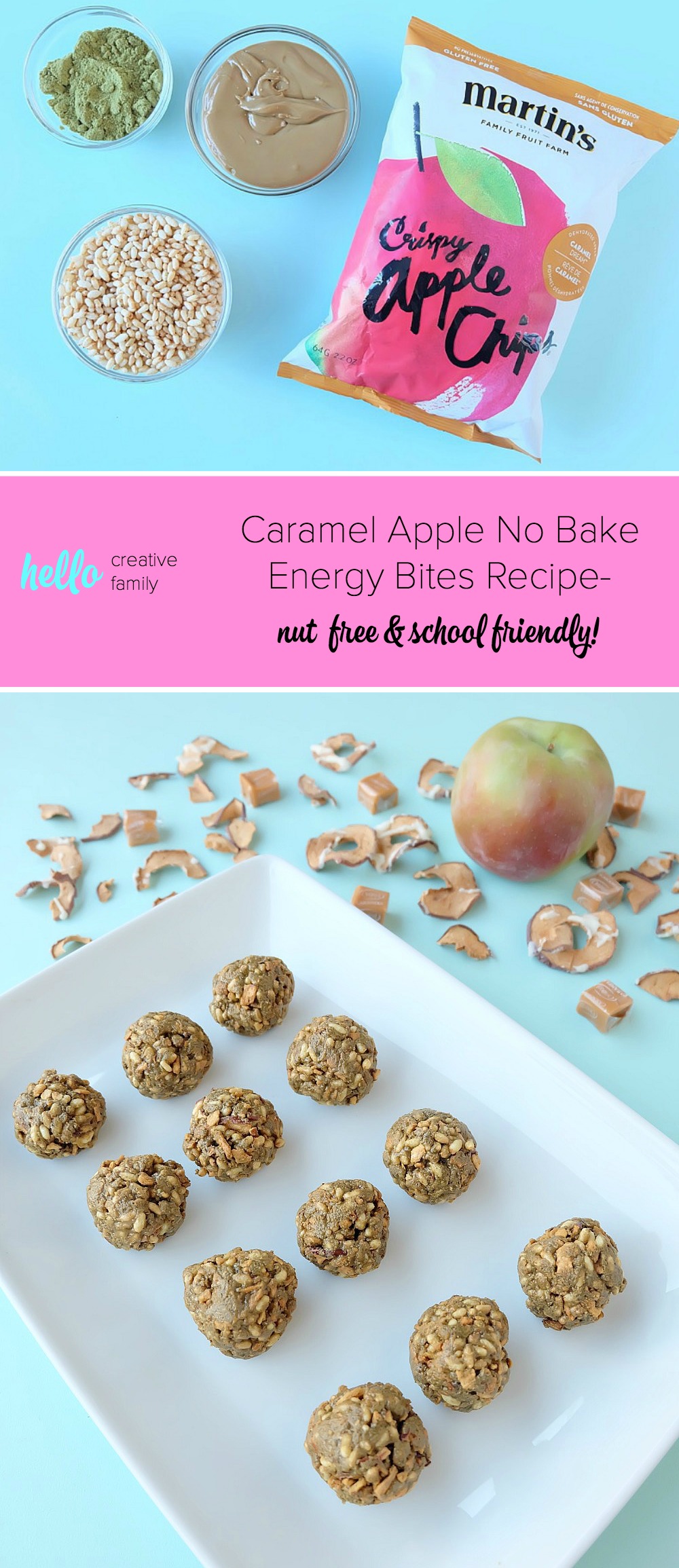 This caramel apple no bake energy bites recipe is delicious, nutritious and perfect for school lunches. It is nut free and easy to make in less than 5 minutes. Packed with protein these bliss balls are a family friendly snack idea. #Recipe #Apples #AppleRecipe #Sponsored